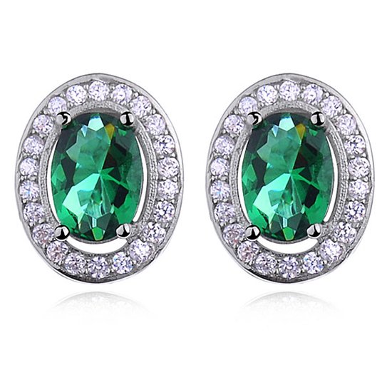 Joy|S - Zilveren classic ovale oorbellen - 11.5 x 10 mm - zirkonia emerald groen - gehodineerd