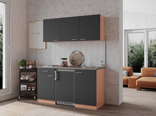 Goedkope keuken 150 cm - complete kleine keuken met apparatuur Gerda -  Beuken/Grijs -... | bol.com