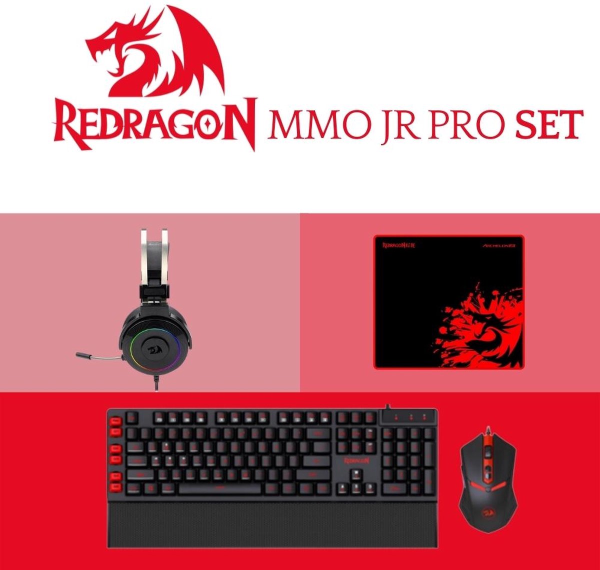 Redragon MMO Jr Gaming Setup - 4 in 1 set - programmeerbaar en comfortabel Muis, toetsenbord, headset & muismat