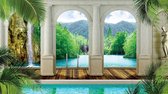 Fotobehangkoning - Fotobehang - Vliesbehang - 3D Behang - Uitzicht op het meer met Waterval - Romeinse Pilaren - 152,5 x 104 cm