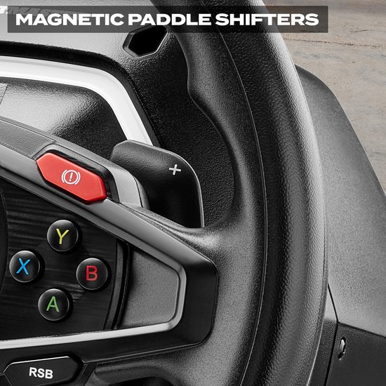 Close-up van magnetische flipperschakelaars op een zwart racestuur.