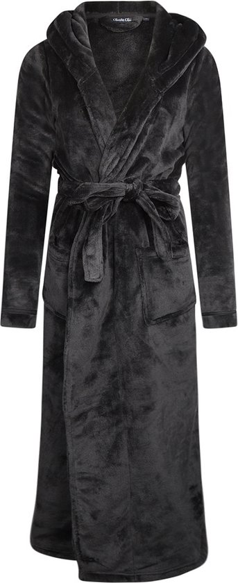 Charlie Choe badjas dames – 100 % zacht fleece - lang model – dames badjas met capuchon – trendy ochtendjas - zwart/donkergrijs - L
