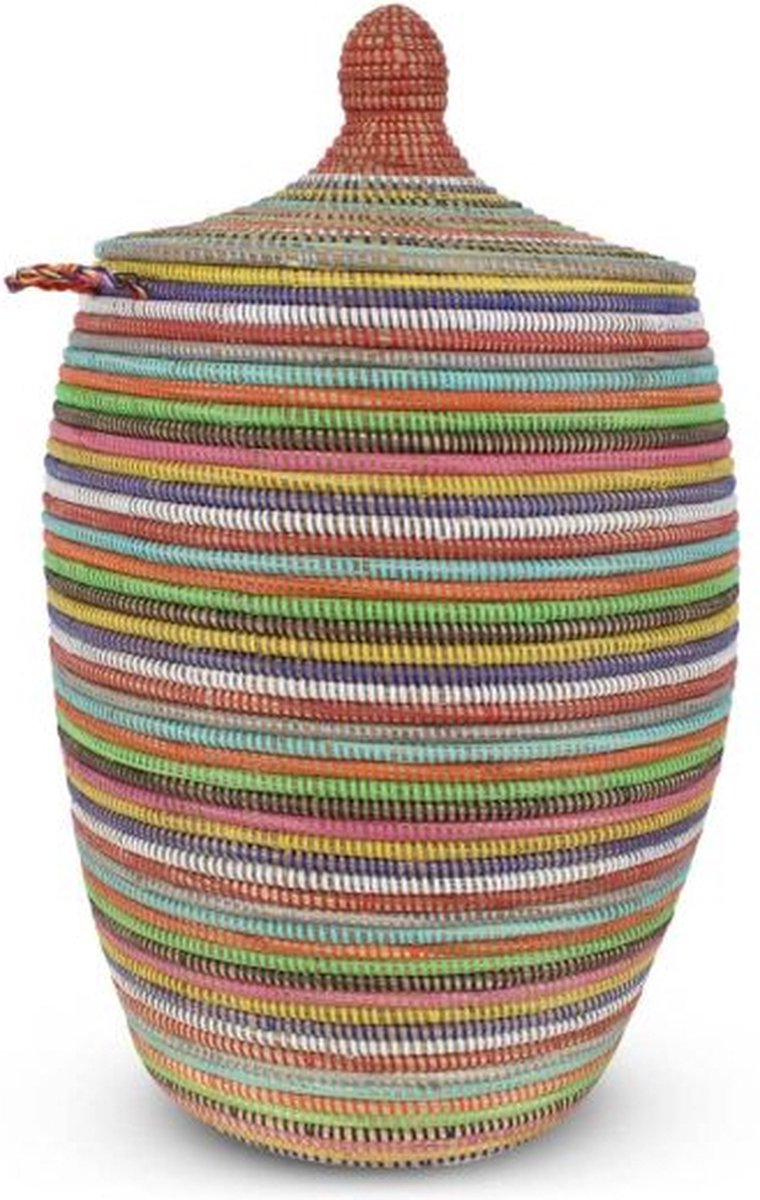 Safaary - Rieten Wasmand met Deksel Zeegras Multi-Kleur Gestreept - Ø 45 x 80cm