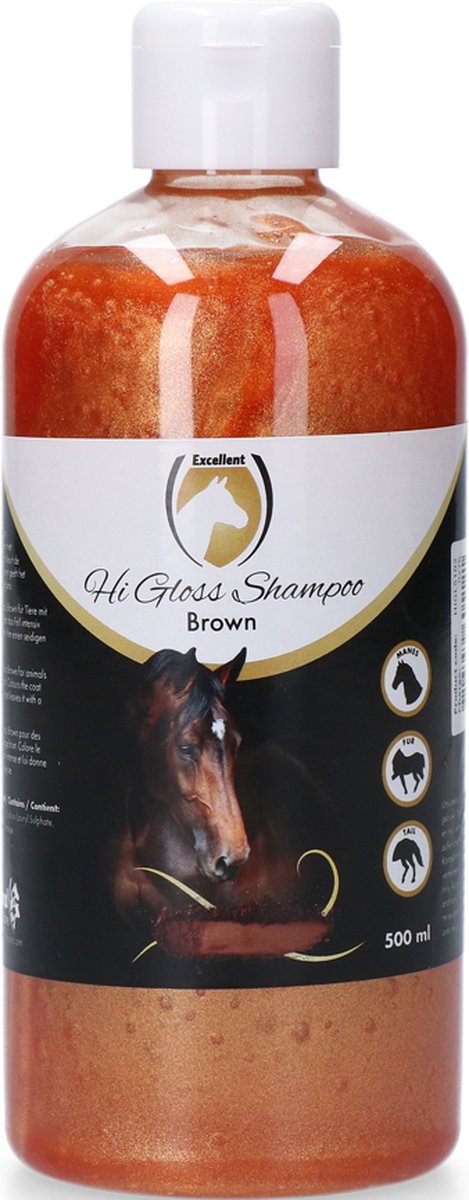 Excellent Hi Gloss Shampoo Bruin - Kleurshampoo voor opleving van de eigen vachtkleur  - Geschikt voor paarden met een bruine vacht - 500 ml - Holland Animal Care