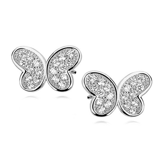 Joy|S - Zilveren vlinder oorbellen - 8 x 11 mm - zirkonia - gehodineerd