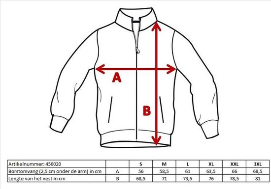 Maattabel voor een rood trainingsvest met maten A en B.