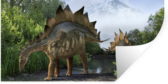 Muurstickers - Sticker Folie - Dinosaurus - Berg - Bos - Illustratie - Kinderen - Jongens - Kids - Jongetje - 160x80 cm - Plakfolie - Muurstickers Kinderkamer - Zelfklevend Behang - Zelfklevend behangpapier - Stickerfolie
