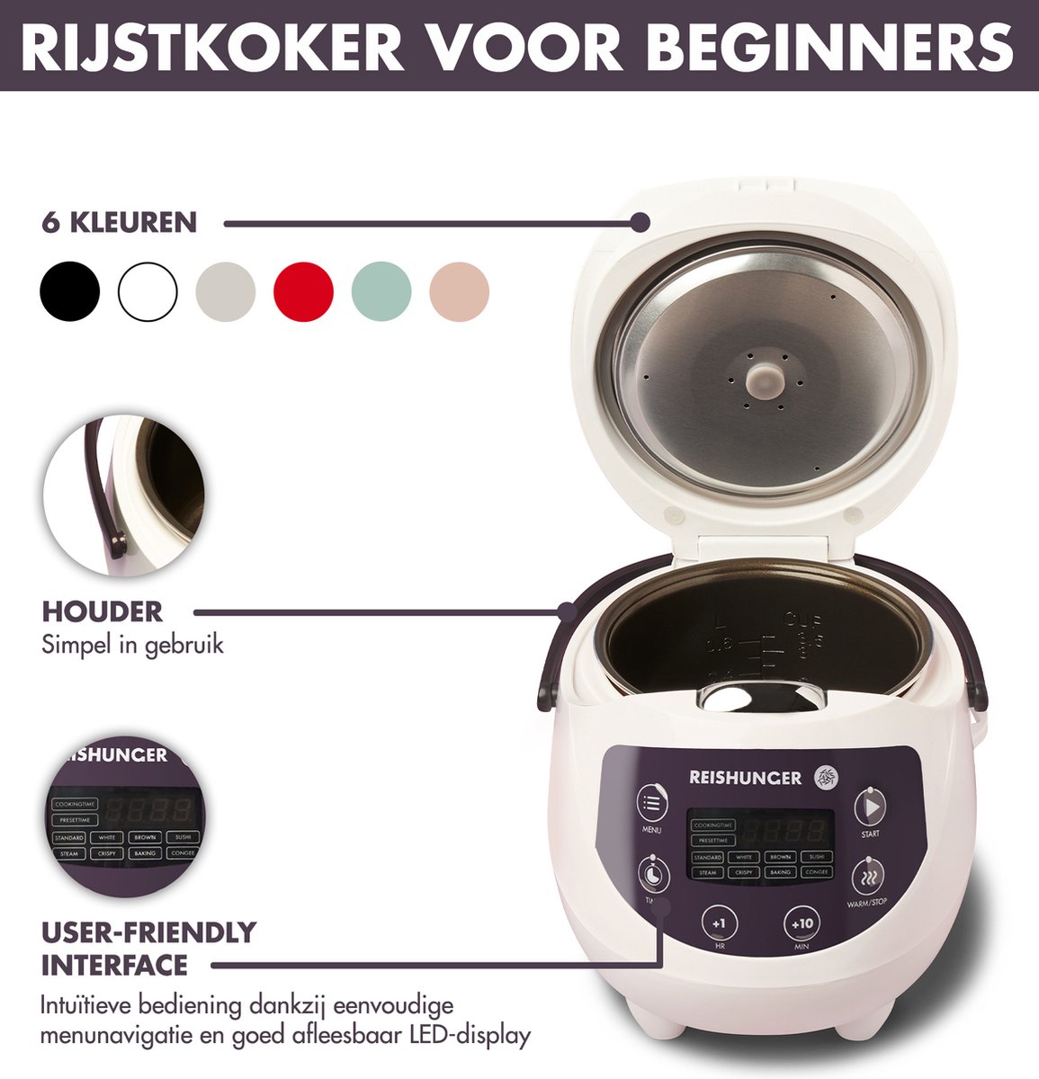 Reishunger Digitale Mini Rijstkoker in Zwart - Multicooker met 8 programma's, stoominzet, premium binnenpan, timer en warmhoudfunctie - Rijst voor maximaal 3 personen – foto 6