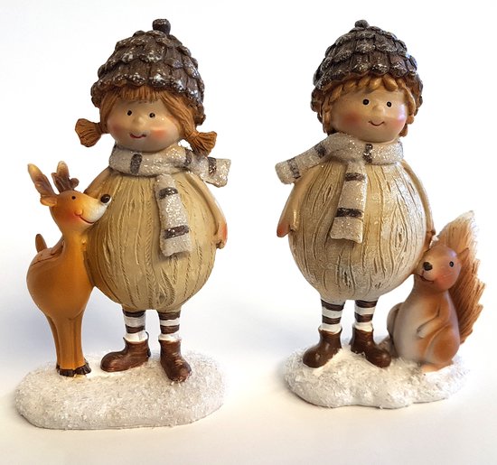 Set de 2 enfants avec renne et écureuil - Wit / Beige / crème / marron - 8 x 5 x 13 cm de haut par enfant.