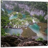 WallClassics - Tuinposter – Bovenaanzicht van Brug langs Plitvicemeren - 100x100 cm Foto op Tuinposter  (wanddecoratie voor buiten en binnen)