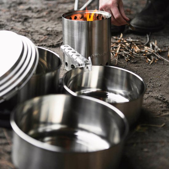 Solo Stove-set van 3 pannen, 1,25 L + 1,5 L + 2 L - Incl. Nylon zak, lichtgewicht roestvrijstalen kookgerei voor backpackers, universele deksel die ook dienst doet als bord, met lichtgewicht hengsel van SOL — afbeelding 4