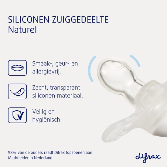Tétine en silicone douce et transparente de la sucette naturelle Difrax, sans goût, sans odeur et hypoallergénique.