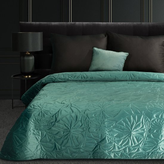 Oneiro’s luxe SALVIA Type 1 Beddensprei Turquoise - 280x260 cm – bedsprei 2 persoons - beige – beddengoed – slaapkamer – spreien – dekens – wonen – slapen