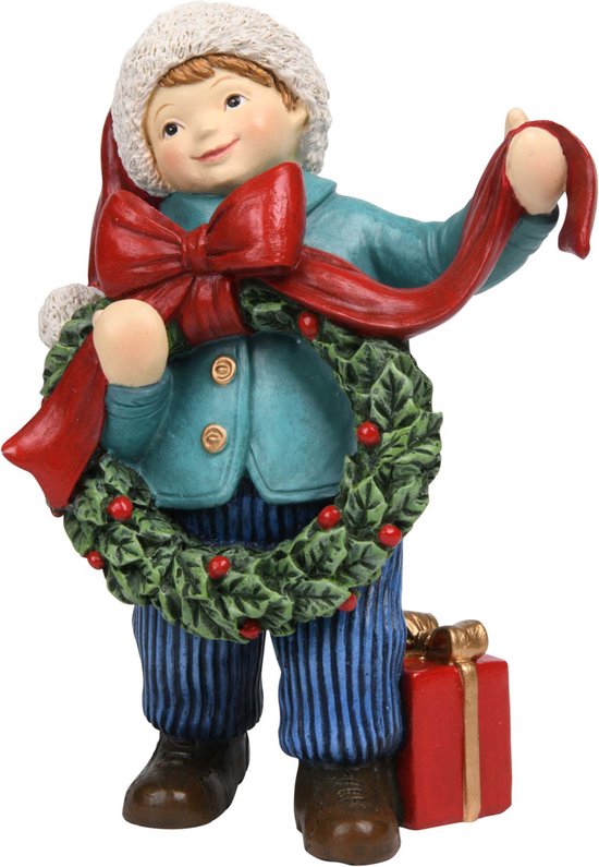 Winterkindje / kind / jongen met krans en cadeau - Wit / groen / rood / blauw - 8 x 5 x 12 cm hoog.