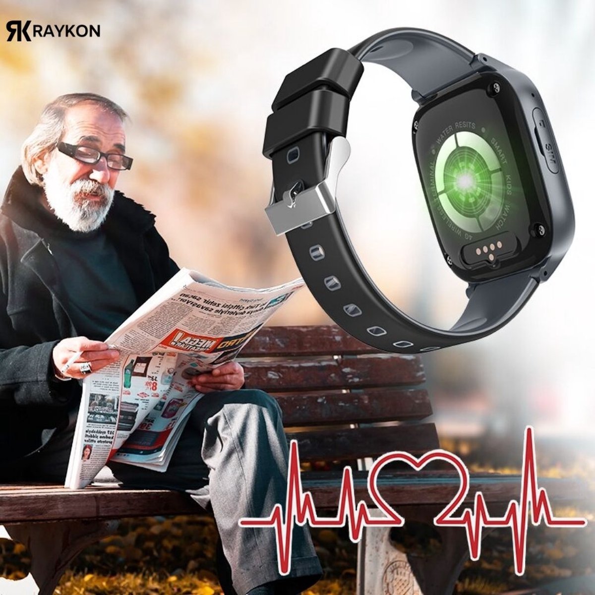 Raykon Alarm Horloge Ouderen 4G SOS Smartwatch Senioren Noodknop