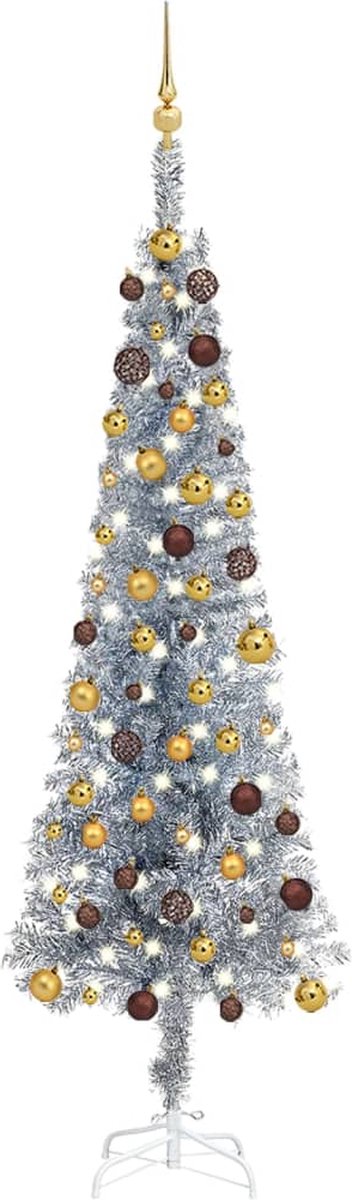 Prolenta Premium - Kerstboom met LED's en kerstballen smal 210 cm zilverkleurig