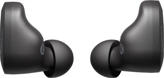 Twee zwarte Belkin oordopjes, voor links (L) en rechts (R).