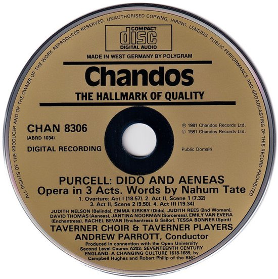 Emma Kirkby, Judith Nelson, David Thomas, Taverner Choir, Andrew Parrott - Purcell: Dido & Aeneas (CD)