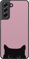Hoesje geschikt voor Samsung Galaxy S21 FE - Zwarte kat - TPU Hard Case Backcover - Roze - Mooie Telefoonhoesjes