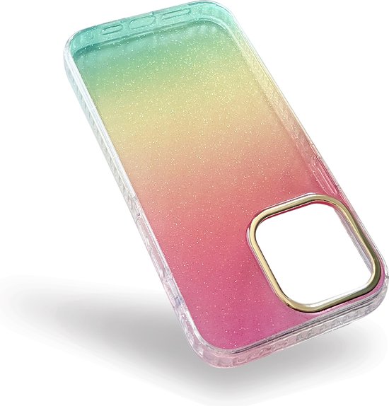 Apple iPhone 14 Pro Case Pink & Yellow - Siliconen Glitter -en-ciel à paillettes Extra robuste