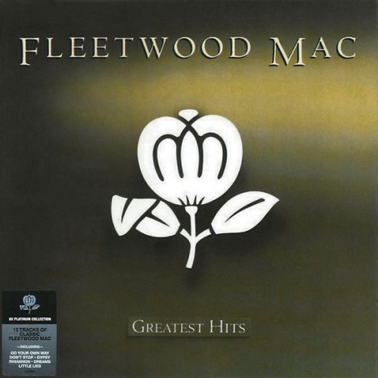Hoes van Fleetwood Mac Greatest Hits, met een witte bloem en de tekst '13 TRACKS OF CLASSIC FLEETWOOD MAC'.