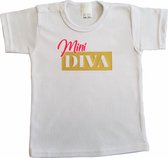 Wit baby t-shirt met "Mini Diva" - maat 68 - babyshower, zwanger, cadeautje, kraamcadeau, grappig, geschenk, baby, tekst