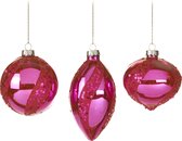 Set van 3 Roze Hippe Kerstballen met Pailletten - drie verschillende vormen glas