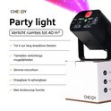 Lumière de fête Cheroy noire sur une boîte, avec un faisceau de lumière rouge et violet.