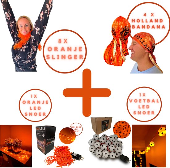 Oranje EK Versiering - Oranje LED 200 Lichtsnoer - 50 Voetbal LED lichtsnoer - EK Oranje Support Kit - 8 x Slingers - 4 x Bandana - EK Voetbal - Fienosa - feestverlichting - tuinverlichting - Sfeer - Party