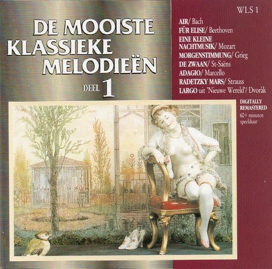 CD-hoes met 'De Mooiste Klassieke Melodieën Deel 1' en een schilderij van een vrouw op een stoel.