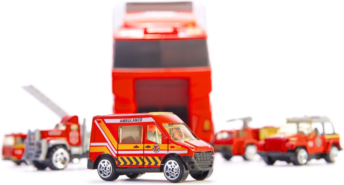 Vrachtwagen Vrachtauto Brandweervrachtwagen BrandweerTransport Auto- met Brandweerauto, Ambulance Auto, Ladderauto, Pick Up Auto, Sleepauto - 6 Brandweer Gerelateerde Auto's - Metalen Auto's — afbeelding 5