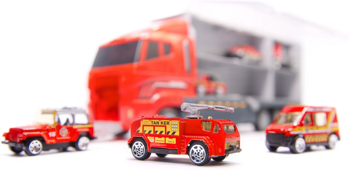 Vrachtwagen Vrachtauto Brandweervrachtwagen BrandweerTransport Auto- met Brandweerauto, Ambulance Auto, Ladderauto, Pick Up Auto, Sleepauto - 6 Brandweer Gerelateerde Auto's - Metalen Auto's — afbeelding 3