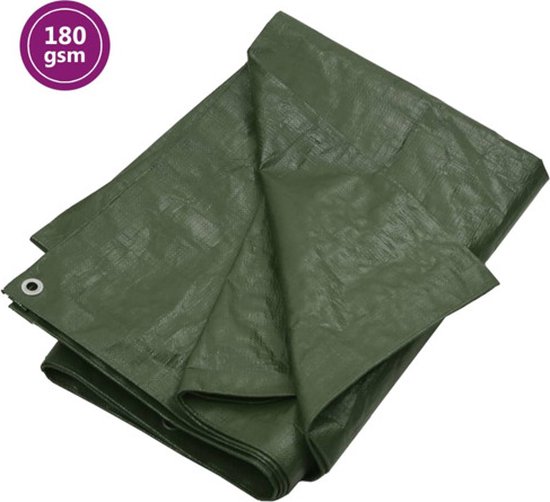 Groene zeildoek van 180 gsm, deels opgevouwen, met metalen oogjes.