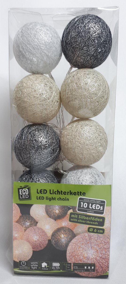 Kerstballen Snoer - Katoen - 10 Kerst Ballen - met Led Verlichting - Kerst Decoratie - 3 Kleuren - Antraciet/Parelmoer/Wit - 6 cm - Werkt op Batterijen