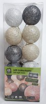 Kerstballen Snoer - Katoen - 10 Kerst Ballen - met Led Verlichting - Kerst Decoratie - 3 Kleuren - Antraciet/Parelmoer/Wit - 6 cm - Werkt op Batterijen