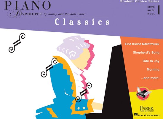 Boek 'Piano Adventures Classics' met illustratie van een klassieke componist in blauw en geel.