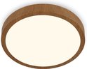 Ronde LED plafondlamp met houtlook rand en wit melkglas op witte achtergrond