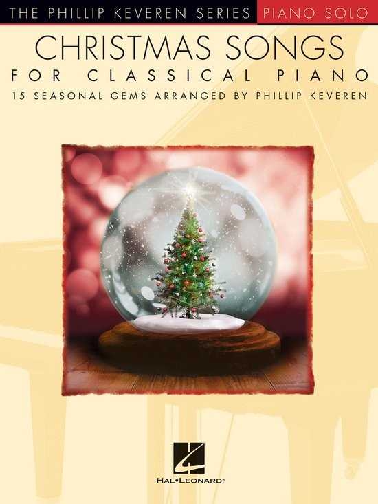 Kerstliedjes voor Klassiek Piano. Muziekboek met een kerstboom in een sneeuwbol.