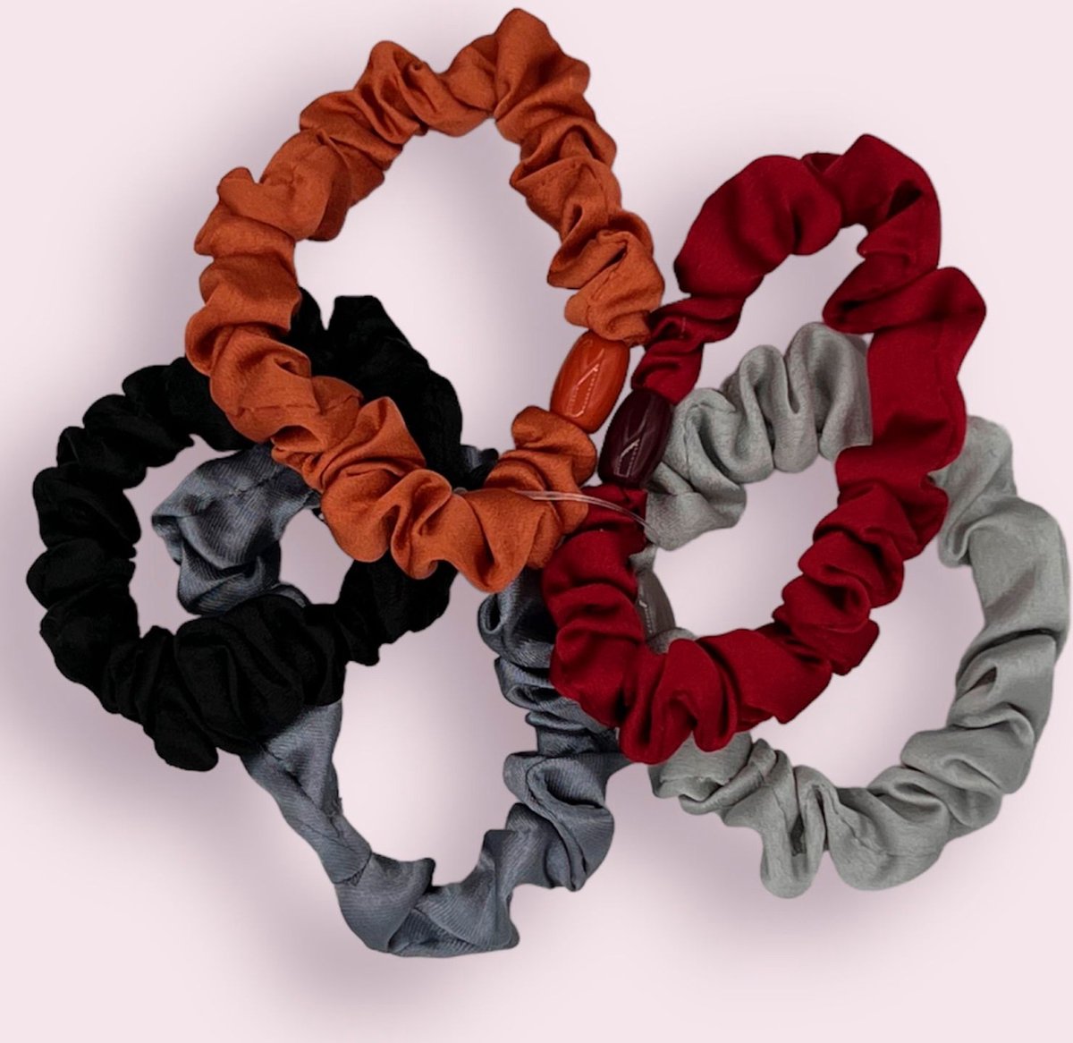 Scrunchies - set - grijs - blauw - zwart - roodbruin - rood - scrunchie - elastiek
