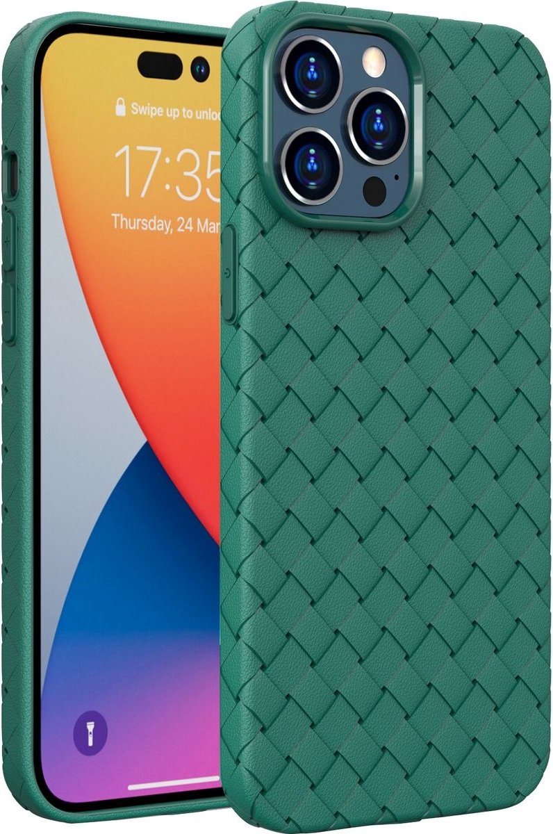 Mobigear Hoesje geschikt voor Apple iPhone 14 Pro Telefoonhoesje Flexibel TPU | Mobigear Woven Backcover | iPhone 14 Pro Case | Back Cover - Groen