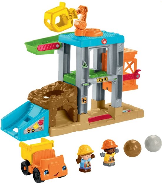 Little People bouwplaats-speelset met kraan, kiepwagen, twee figuren en rotsen.