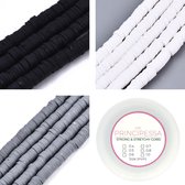 Principessa Katsuki kralen met rol elastiek – Zwart, Wit en Grijs – 1.150 kralen – Polymeer klei – 6mm kralen