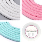 Principessa Katsuki kralen met rol elastiek – Wit, Roze en Turquoise – 1.150 kralen – Polymeer klei – 6mm kralen
