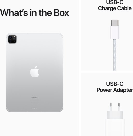 Zilverkleurige iPad Pro met Apple logo, USB-C oplaadkabel en stroomadapter.