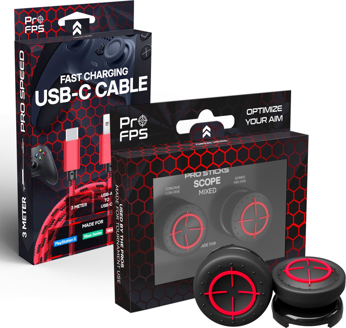 ProFPS Duo Pack geschikt voor PlayStation 5 (PS5) Controller - Thumbsticks Mixed + USB C Kabel Oplader - eSports Gaming Accessoires