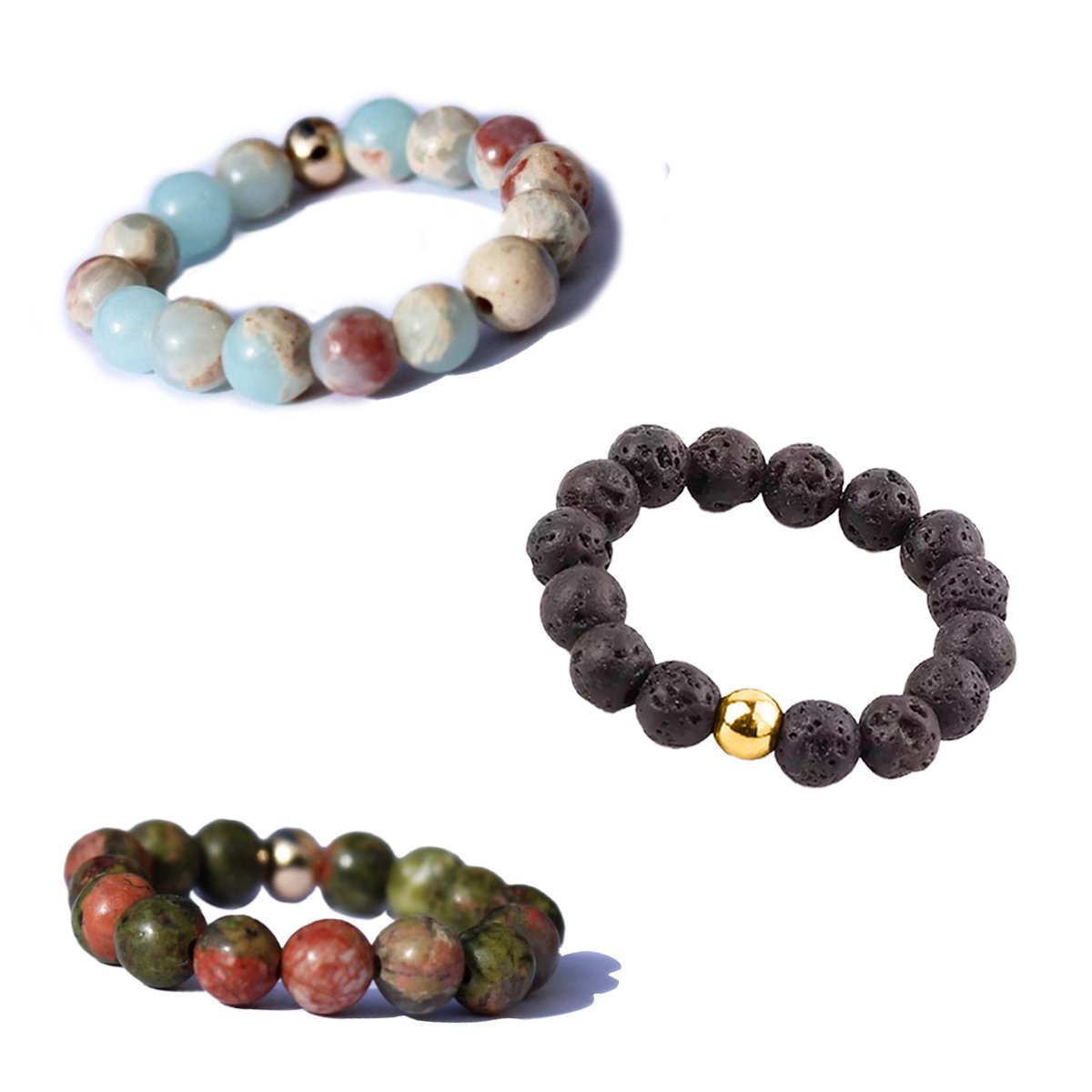 Bixorp Gems Edelstenen Ringen Set Dragon Bloodstone + Lavasteen + Serpentijn - Kralenring