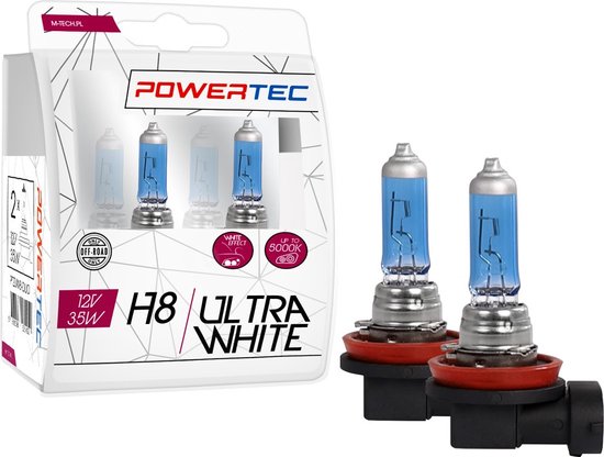 Set van twee Powertec H8 12V 35W Ultra White halogeenlampen, naast hun verpakking, met blauwe gloed en metalen fittingen.