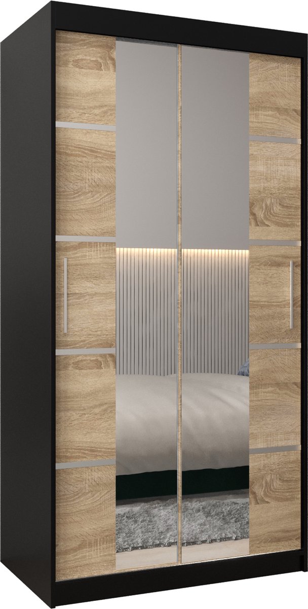 AJE Meubles B.V. InspireMe - Kledingkast met 2 schuifdeuren, Modern-stijl, Kledingkast met planken (BxHxD): 100x200x62 - VENTILA IV 100 Zwart Mat + Sonoma Eik met 2 lades