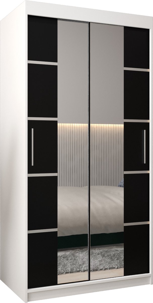 InspireME Kledingkast met 2 schuifdeuren, Modern-stijl, Kledingkast met planken (BxHxD): 100x200x62 - VENTILA IV 100 Wit Mat + Zwart