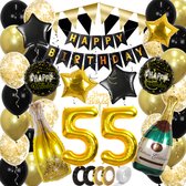 55 Jaar Feest Verjaardag Versiering Confetti Helium Ballonnen Slingers Happy Birthday Goud & Zwart Decoratie – 60 Stuks